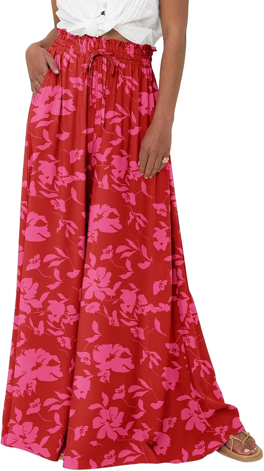 Womens High Waist Wide Leg Pants Summer Pleated Pant Summer Beach Solid Pants Loose Casual Travel Trousers