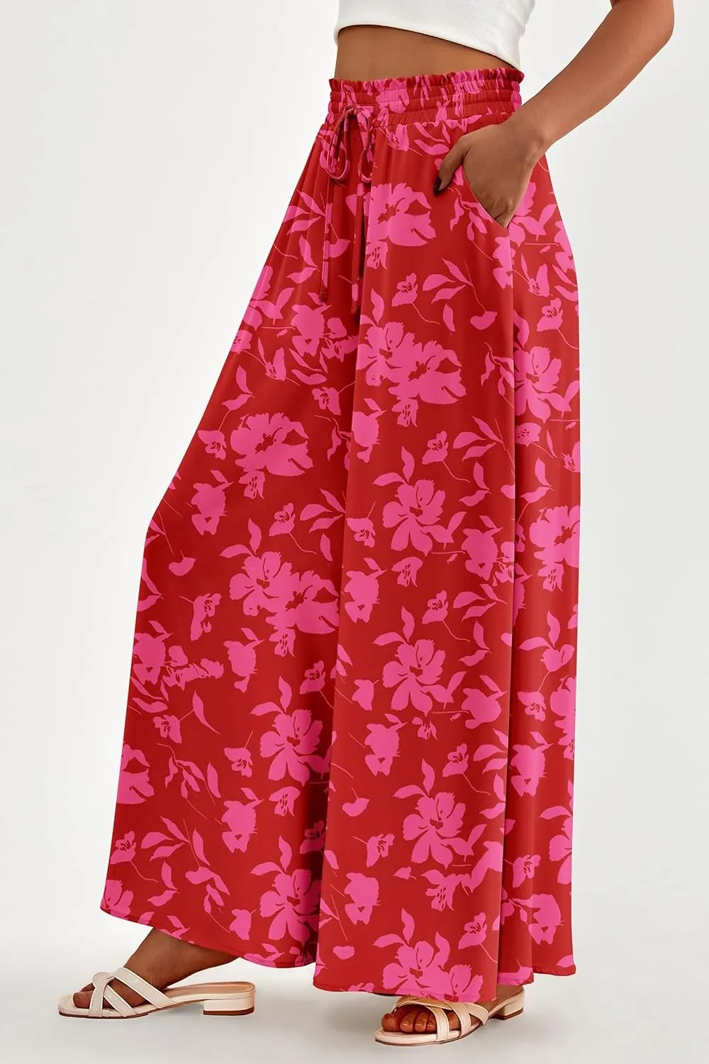 Womens High Waist Wide Leg Pants Summer Pleated Pant Summer Beach Solid Pants Loose Casual Travel Trousers