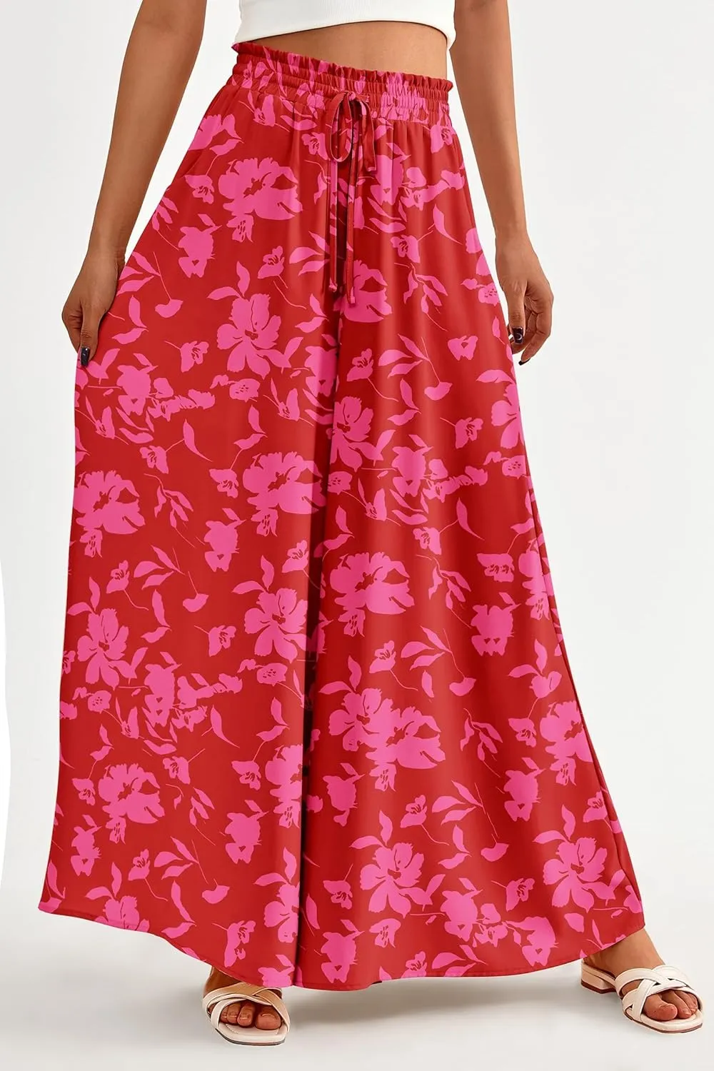 Womens High Waist Wide Leg Pants Summer Pleated Pant Summer Beach Solid Pants Loose Casual Travel Trousers