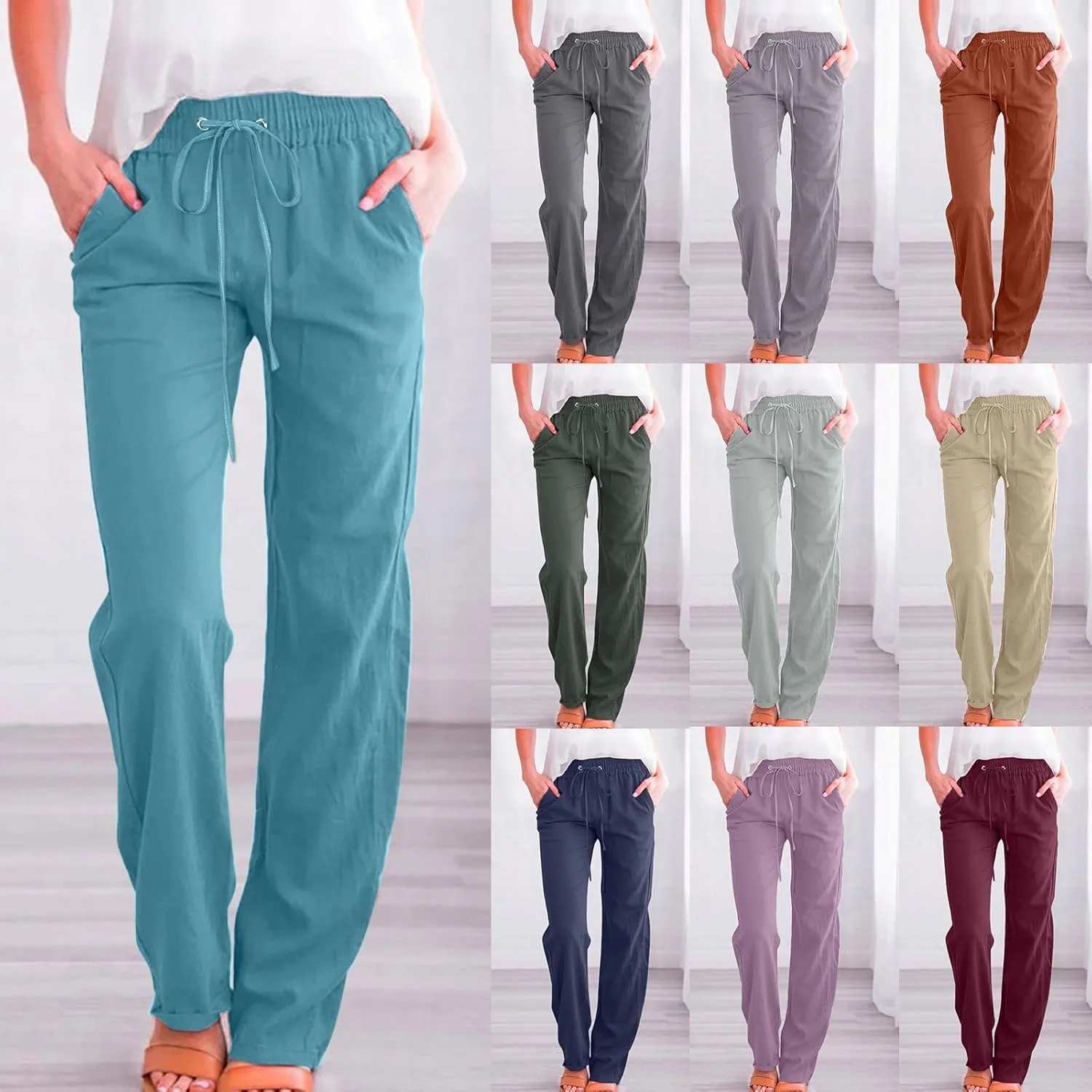 Women's High Waist Wide Leg Pants,Elastic Drawstring Casual Trousers with Pockets,Straight Leg Lounge Pants