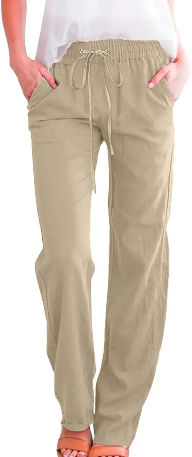 Women's High Waist Wide Leg Pants,Elastic Drawstring Casual Trousers with Pockets,Straight Leg Lounge Pants