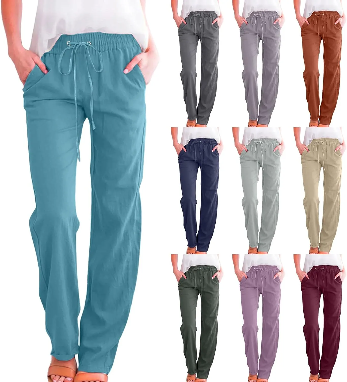 Women's High Waist Wide Leg Pants,Elastic Drawstring Casual Trousers with Pockets,Straight Leg Lounge Pants