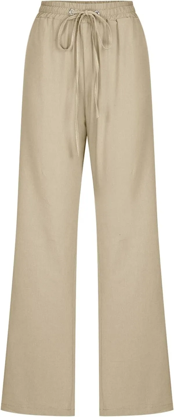 Women's High Waist Wide Leg Pants,Elastic Drawstring Casual Trousers with Pockets,Straight Leg Lounge Pants