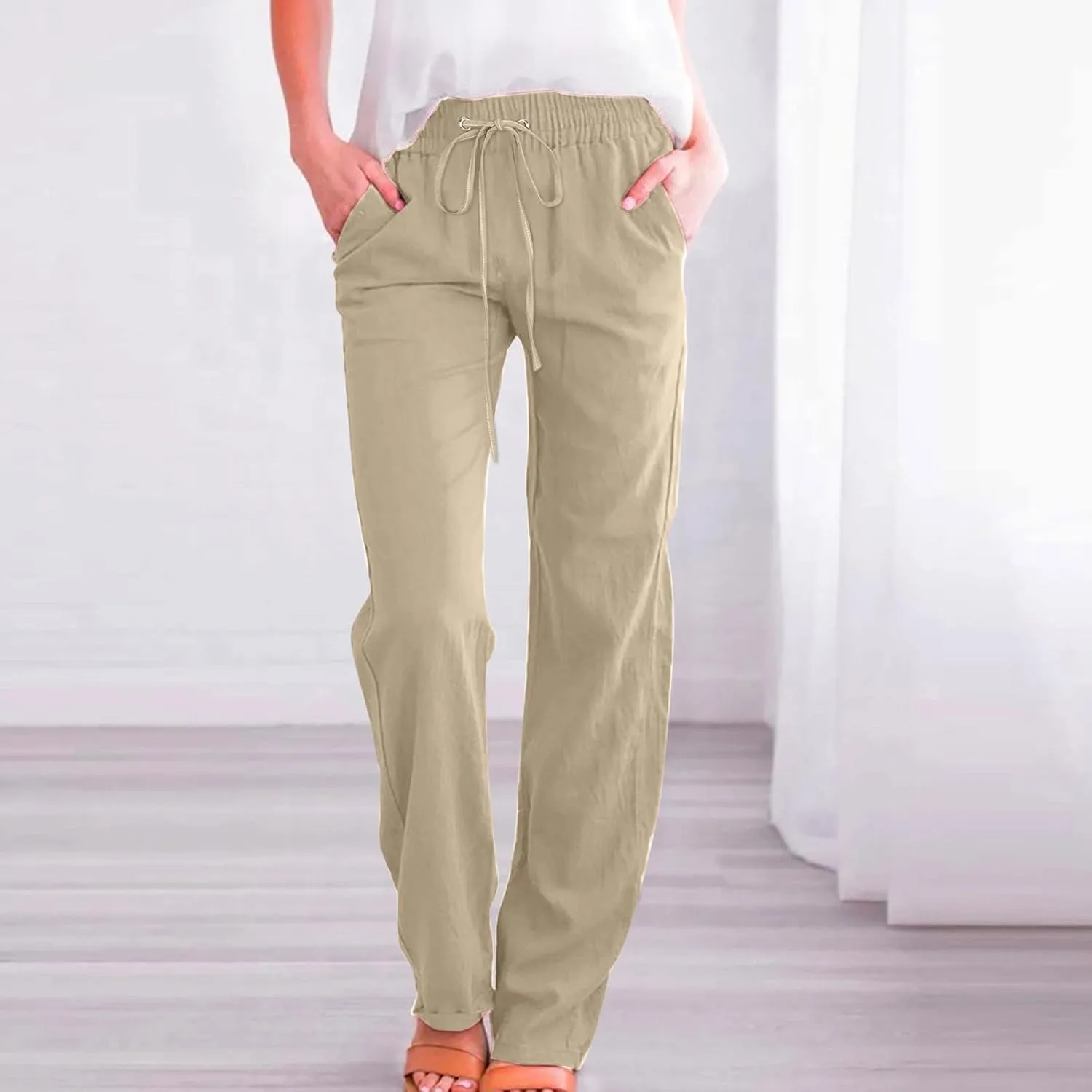 Women's High Waist Wide Leg Pants,Elastic Drawstring Casual Trousers with Pockets,Straight Leg Lounge Pants