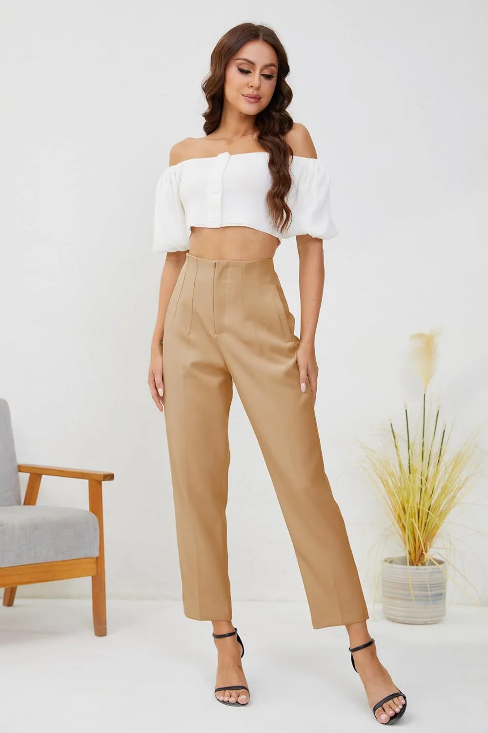 Women's High Waisted Business Trousers Straight Leg Pleated Office Slacks Pants
