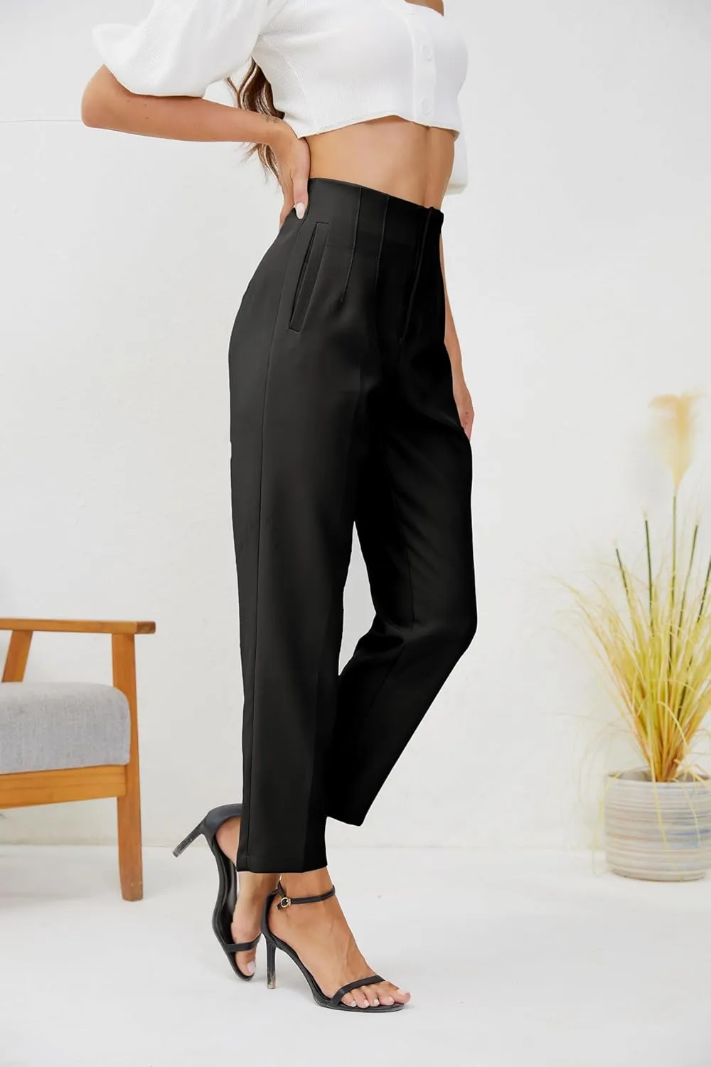 Women's High Waisted Business Trousers Straight Leg Pleated Office Slacks Pants