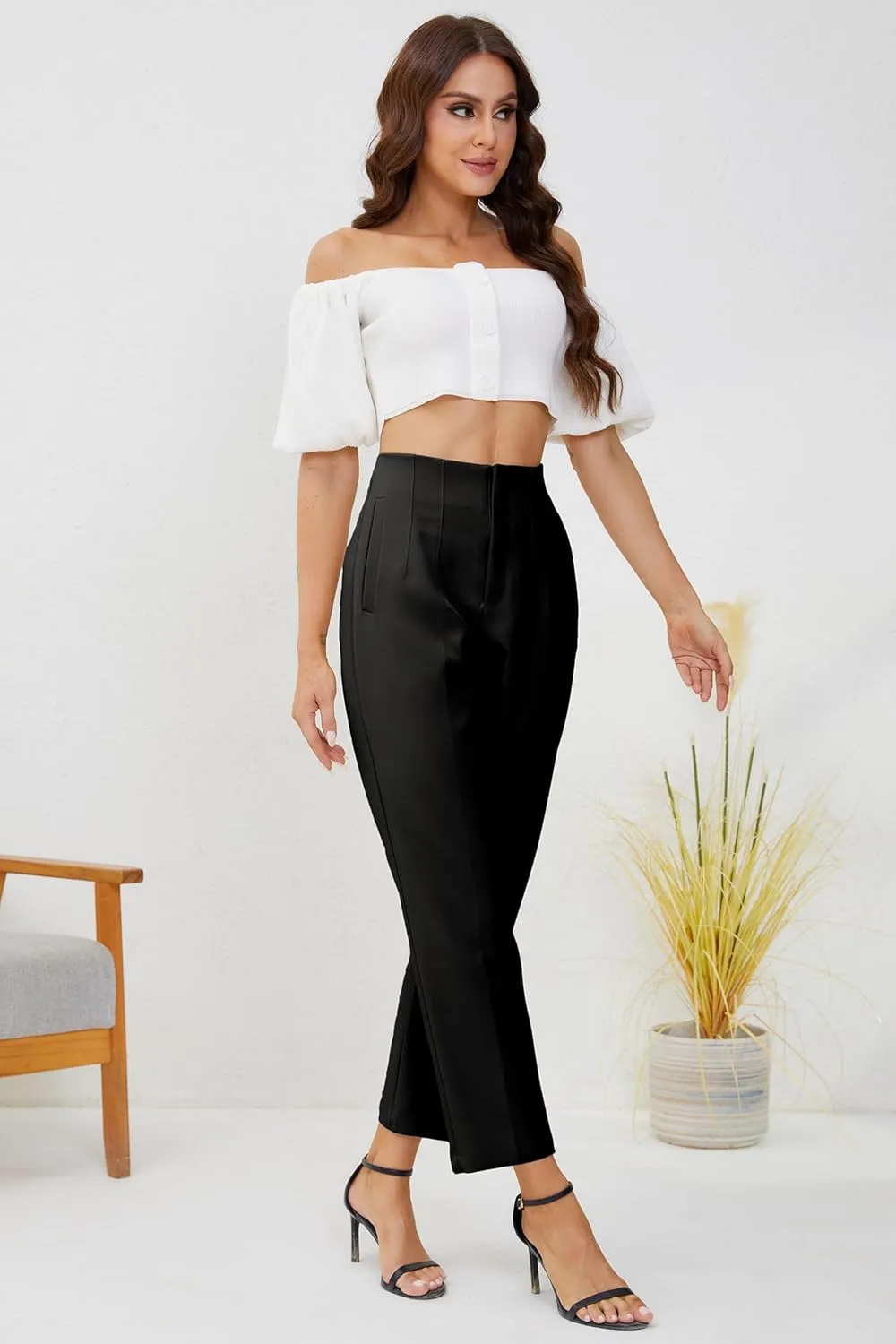 Women's High Waisted Business Trousers Straight Leg Pleated Office Slacks Pants