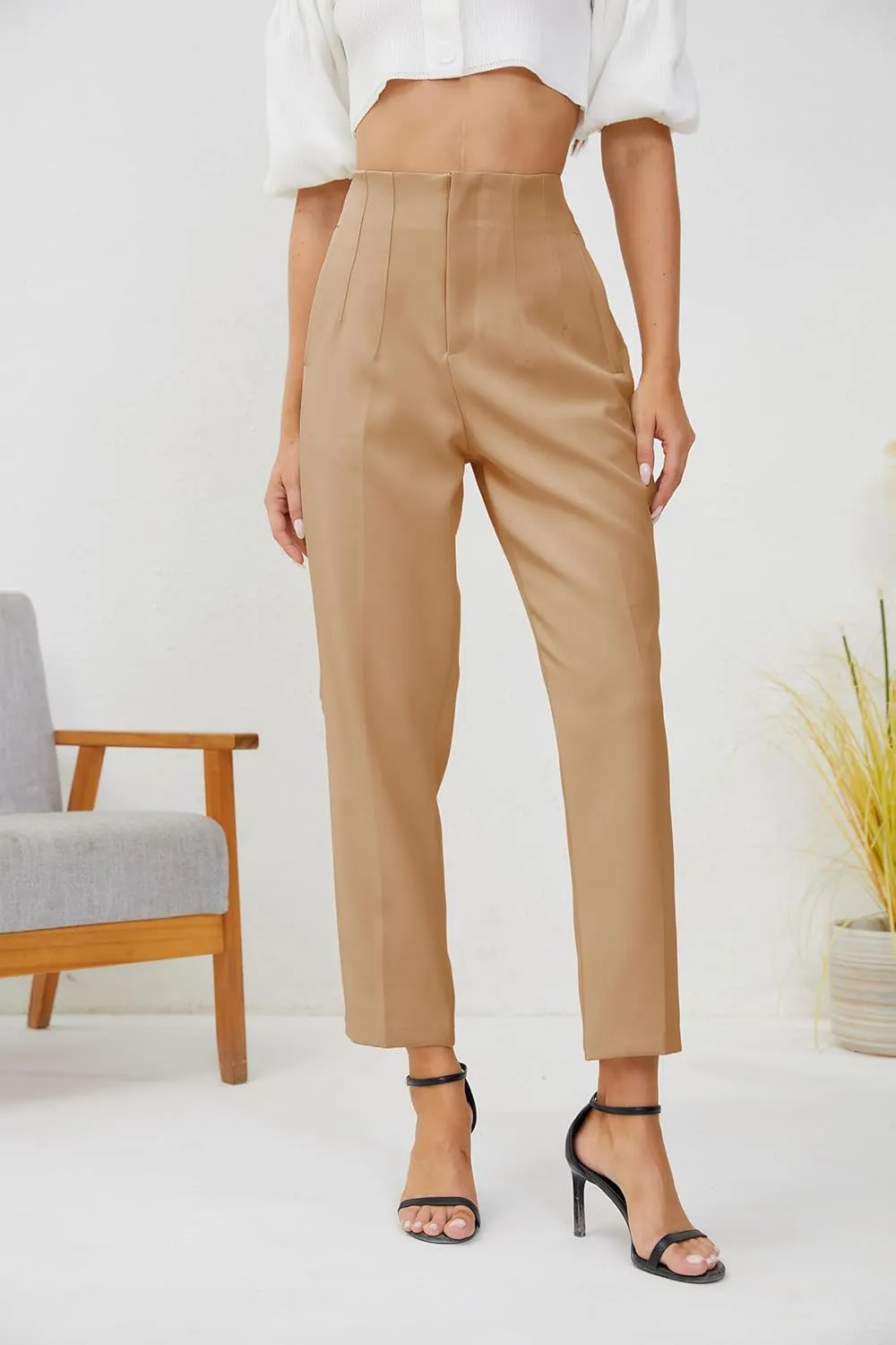 Women's High Waisted Business Trousers Straight Leg Pleated Office Slacks Pants
