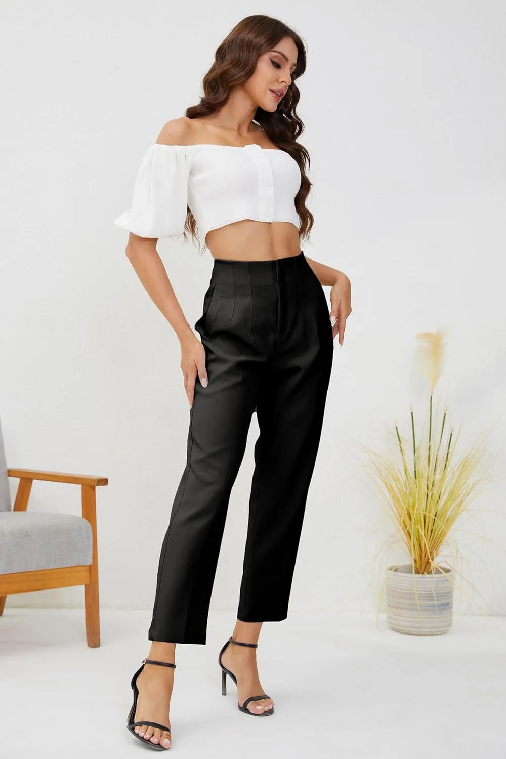 Women's High Waisted Business Trousers Straight Leg Pleated Office Slacks Pants