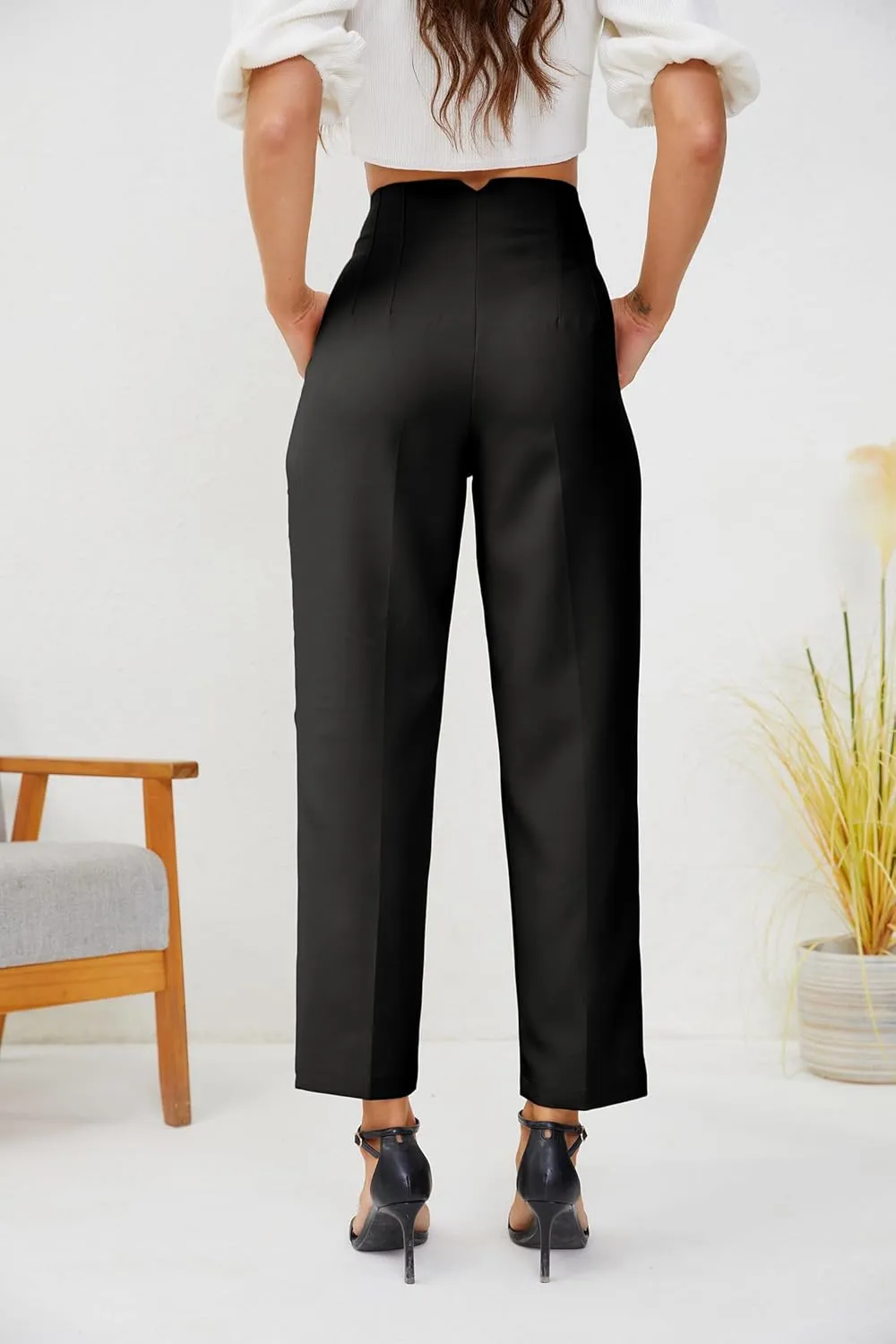 Women's High Waisted Business Trousers Straight Leg Pleated Office Slacks Pants