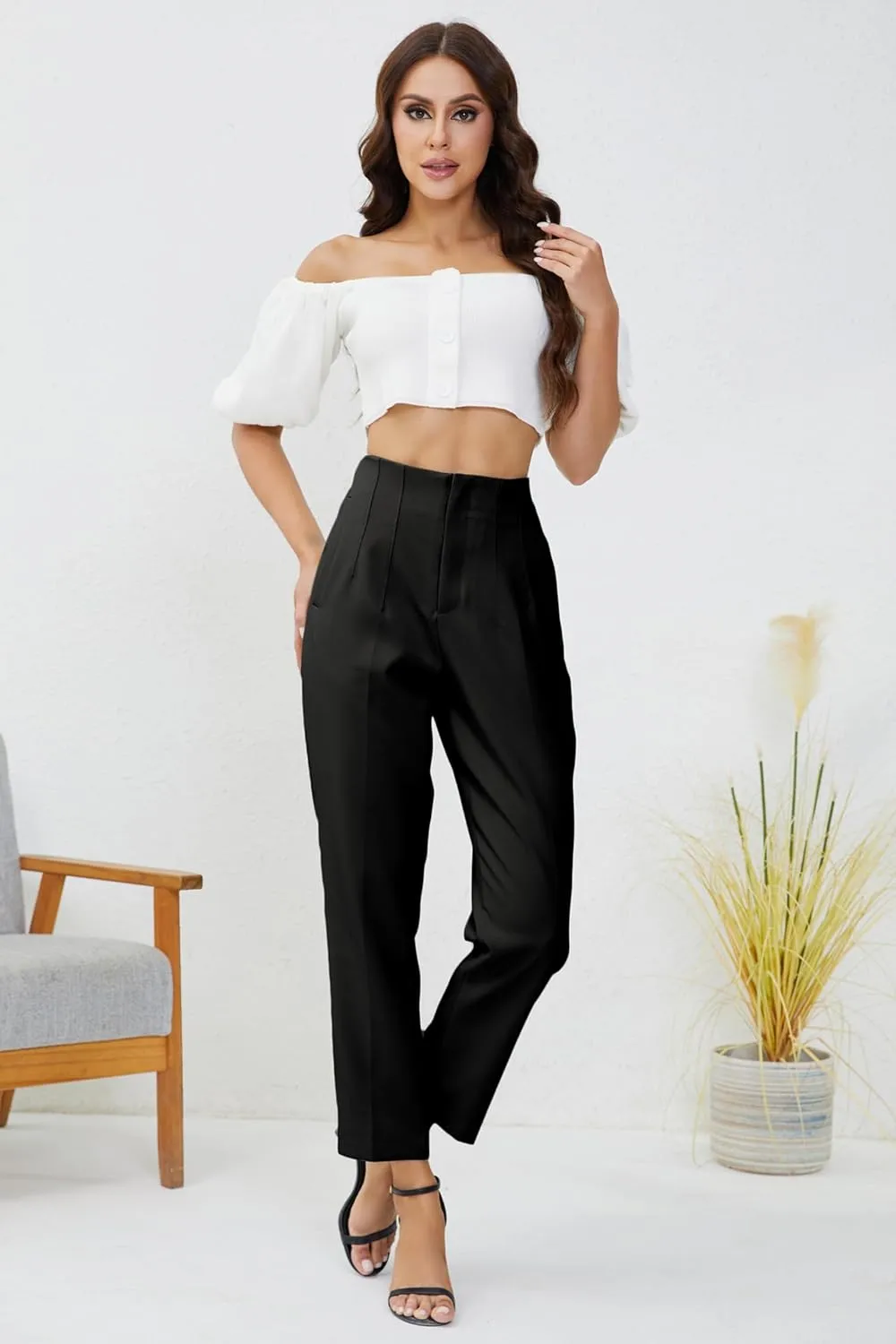 Women's High Waisted Business Trousers Straight Leg Pleated Office Slacks Pants