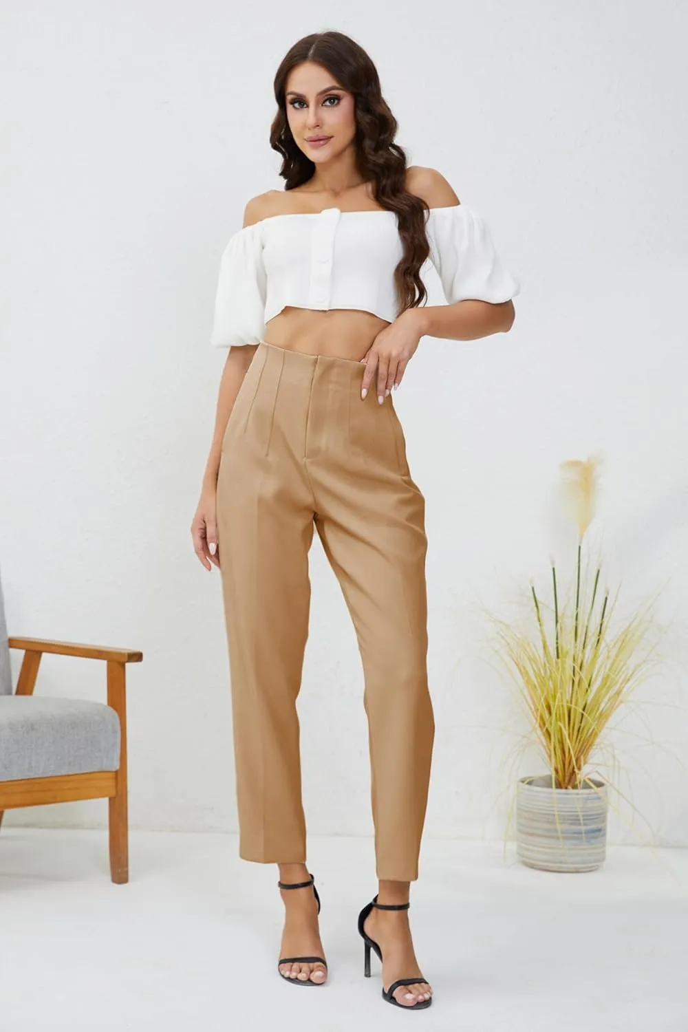 Women's High Waisted Business Trousers Straight Leg Pleated Office Slacks Pants