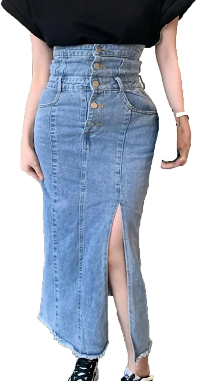 Women's High Waisted Side Slit Button Down Denim Skirts Many Pockets Wrap Hip Pencil Jeans Skirts