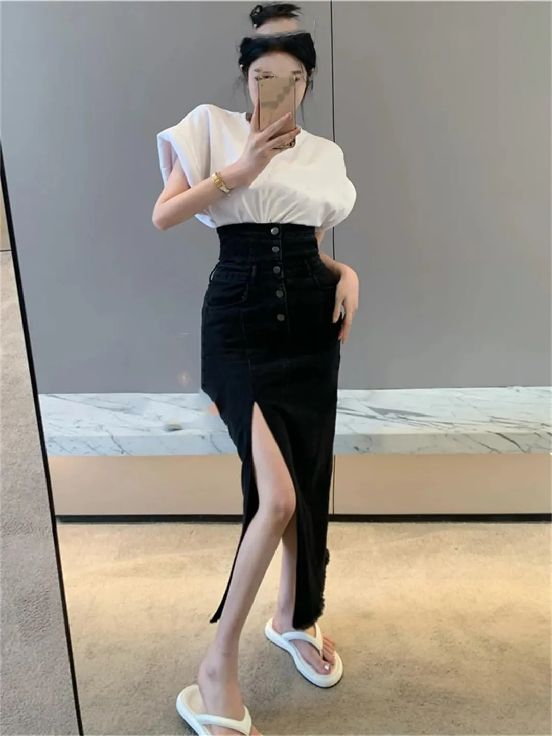 Women's High Waisted Side Slit Button Down Denim Skirts Many Pockets Wrap Hip Pencil Jeans Skirts