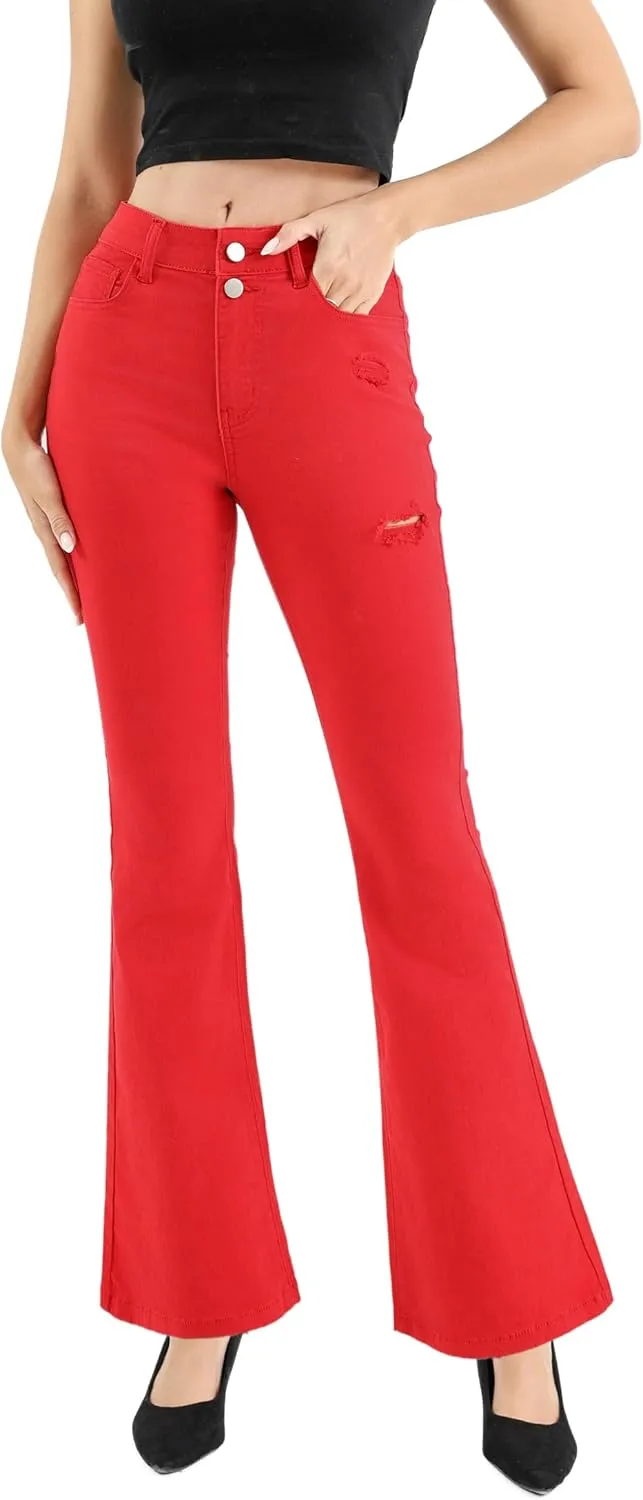 Womens High Waisted Stretch Flare Jeans Destroyed Curvy Bootcut Denim Long Pants