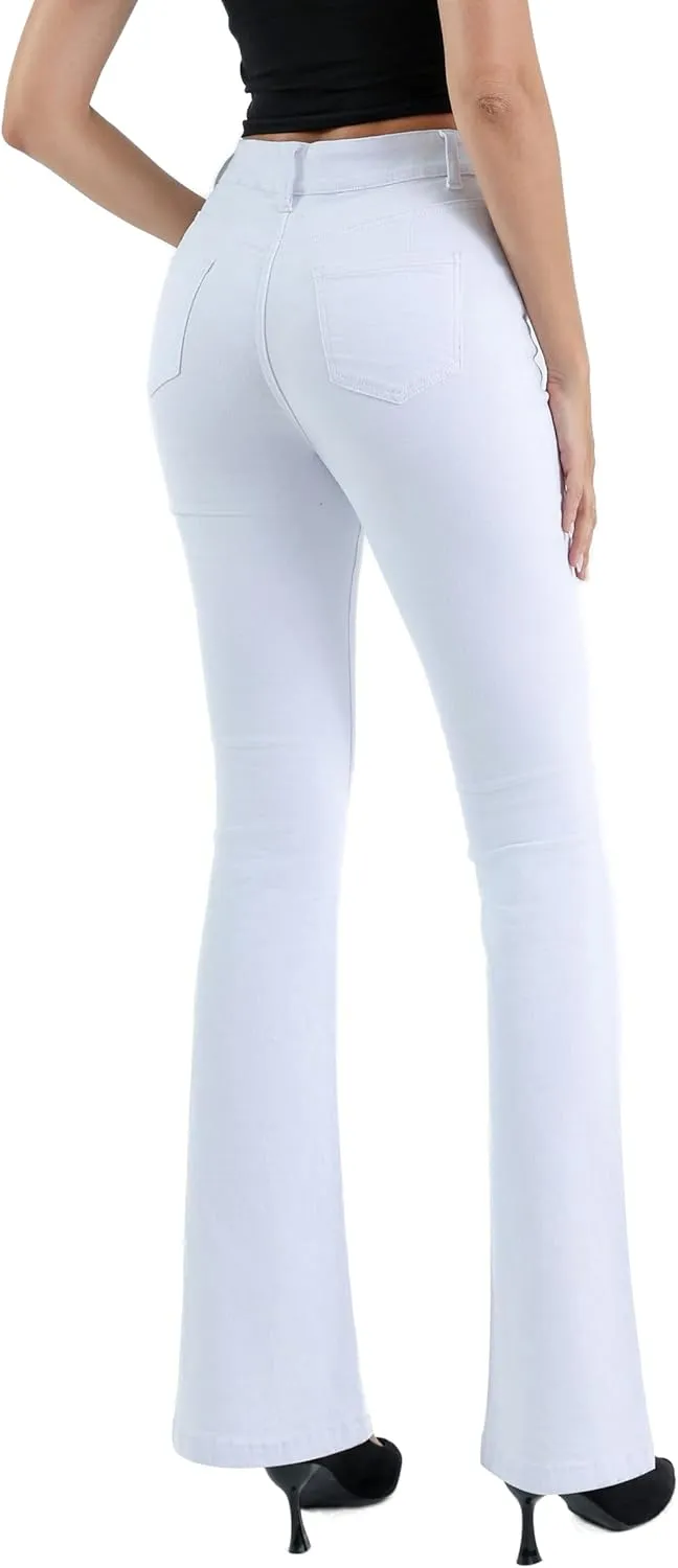 Womens High Waisted Stretch Flare Jeans Destroyed Curvy Bootcut Denim Long Pants