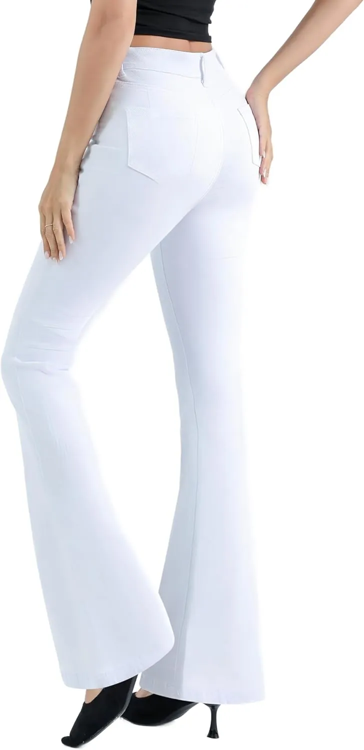 Womens High Waisted Stretch Flare Jeans Destroyed Curvy Bootcut Denim Long Pants
