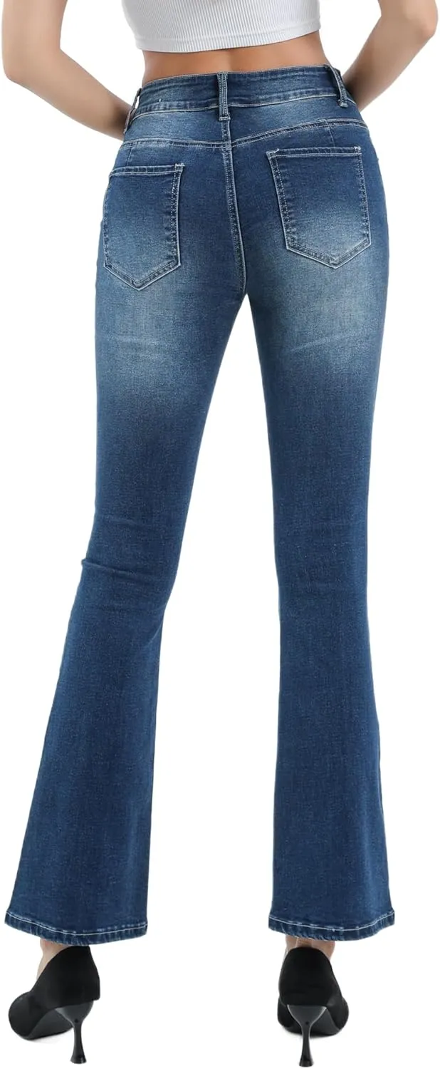Womens High Waisted Stretch Flare Jeans Destroyed Curvy Bootcut Denim Long Pants