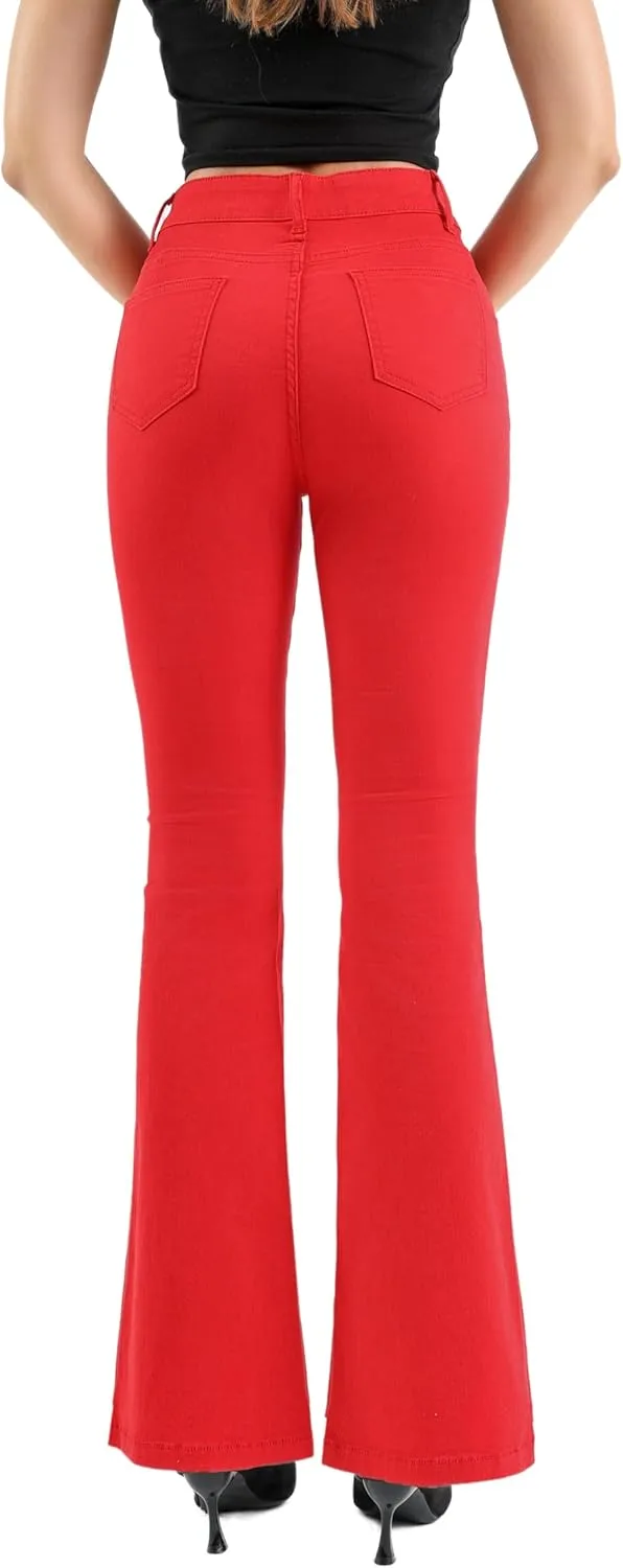 Womens High Waisted Stretch Flare Jeans Destroyed Curvy Bootcut Denim Long Pants