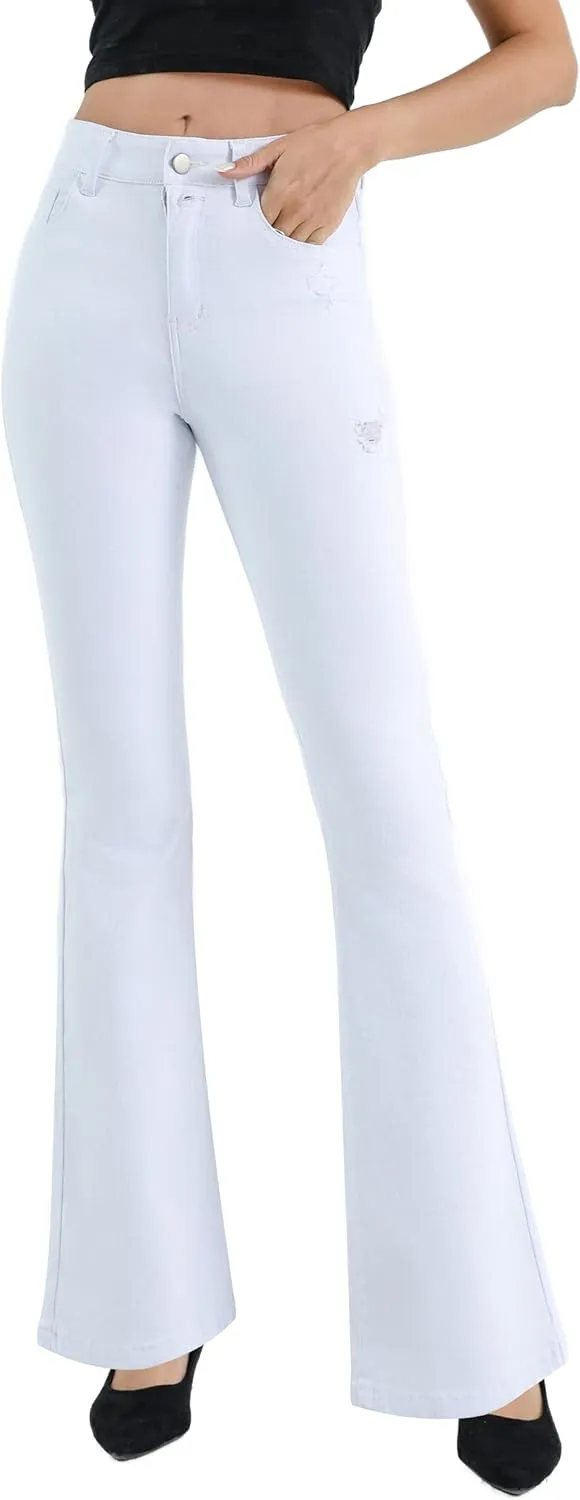 Womens High Waisted Stretch Flare Jeans Destroyed Curvy Bootcut Denim Long Pants