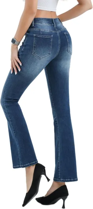 Womens High Waisted Stretch Flare Jeans Destroyed Curvy Bootcut Denim Long Pants