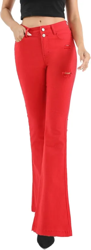 Womens High Waisted Stretch Flare Jeans Destroyed Curvy Bootcut Denim Long Pants