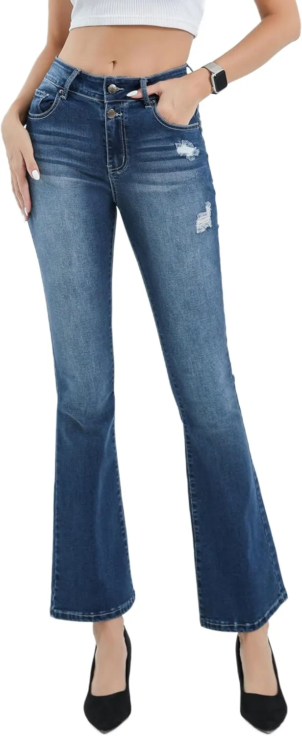 Womens High Waisted Stretch Flare Jeans Destroyed Curvy Bootcut Denim Long Pants