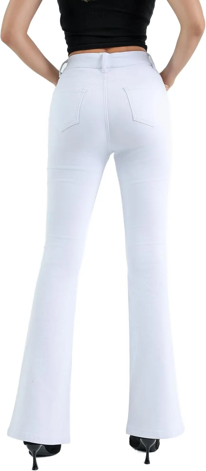 Womens High Waisted Stretch Flare Jeans Destroyed Curvy Bootcut Denim Long Pants