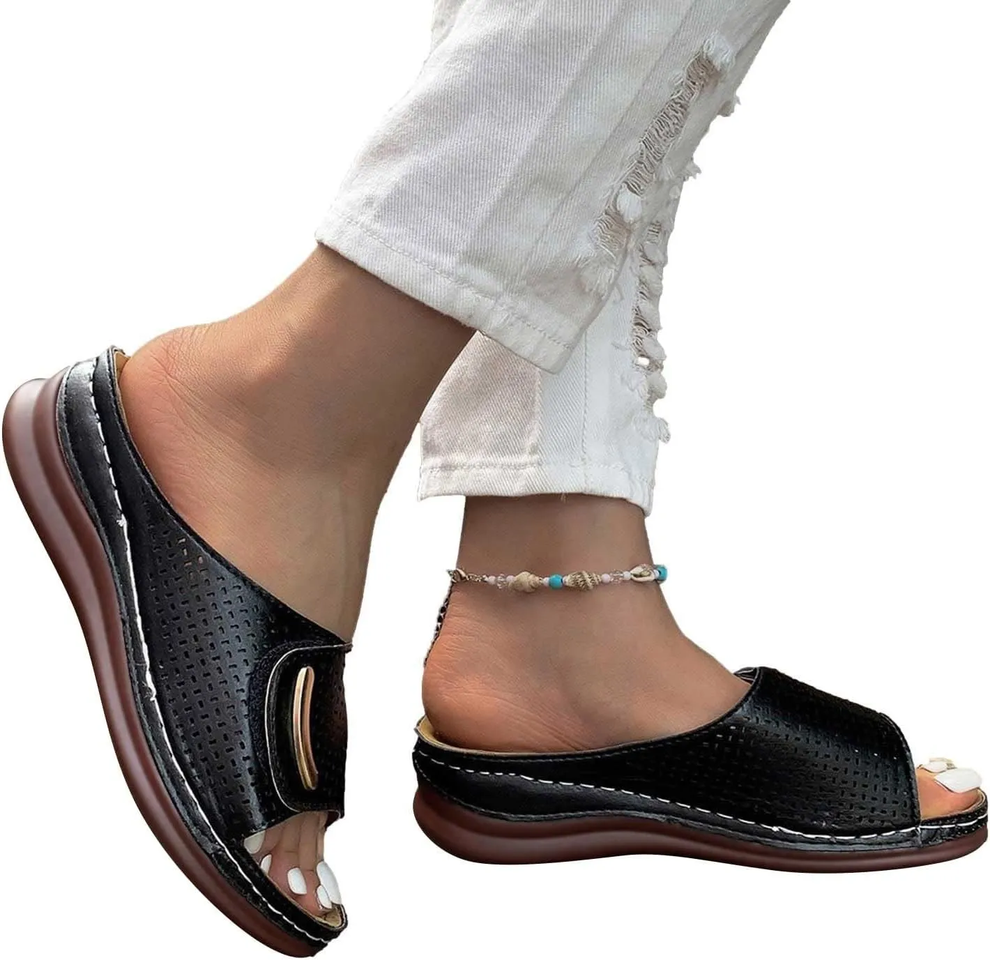 Womens Hollow Out Orthopedic Slippers Summer Casual Peep Toe Sandals Comfy Slip On Wedge Slippers Walking Shoes