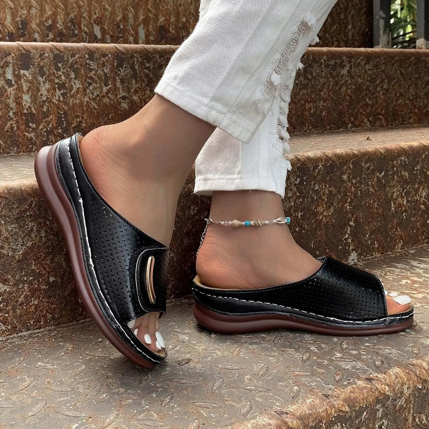 Womens Hollow Out Orthopedic Slippers Summer Casual Peep Toe Sandals Comfy Slip On Wedge Slippers Walking Shoes