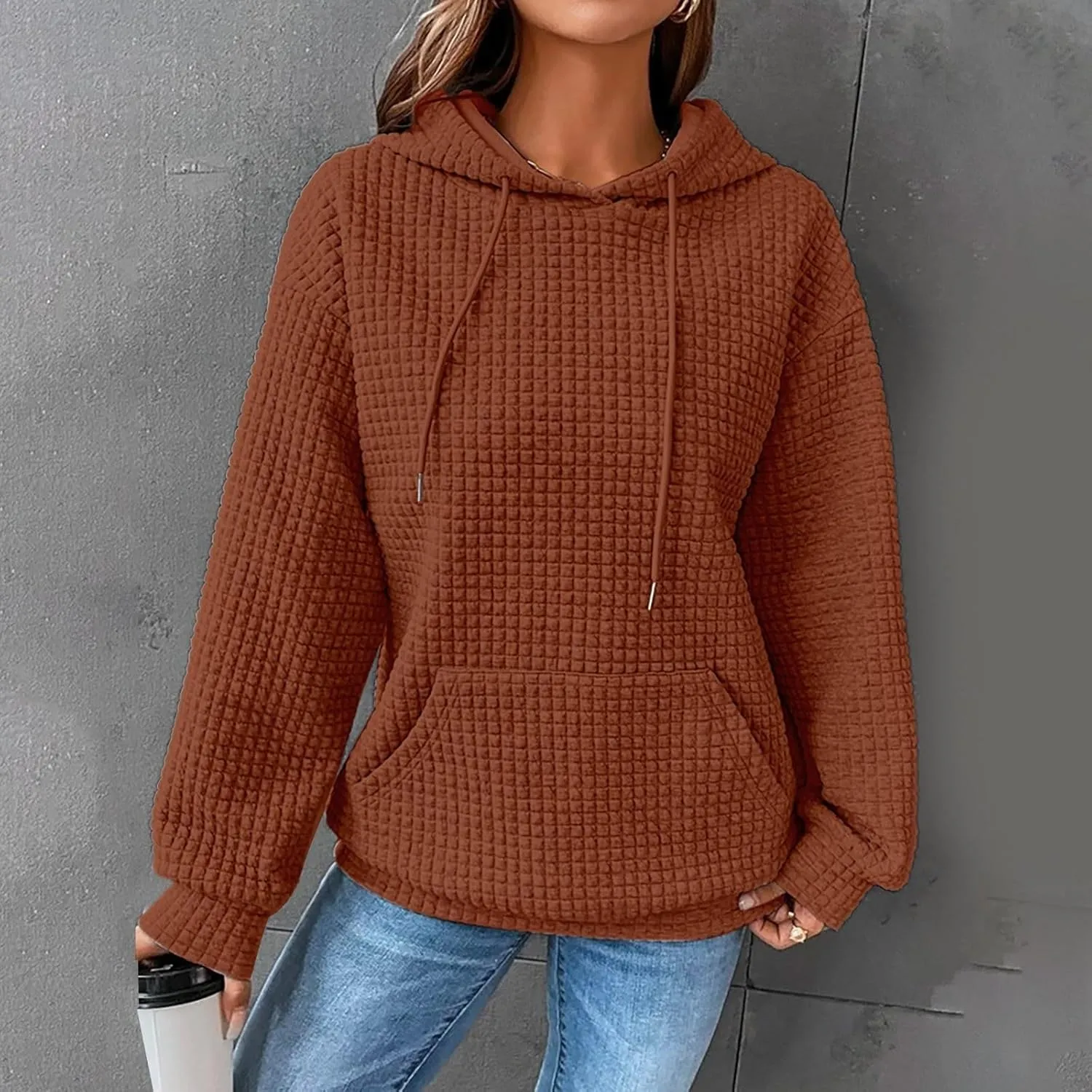 Womens Hoodies Pullover Long Sleeve Oversized Sweatshirt Fall Outfits Drawstring Hooded Sweatshirts with Pocket
