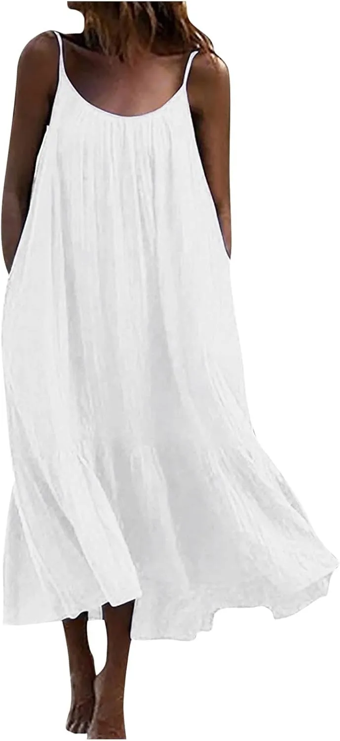 Womens Jumpsuits Dressy Summer Maxi Dress Casual Boho Sleeveless Spaghetti Strap Tiered Long Beach Sun Dresses