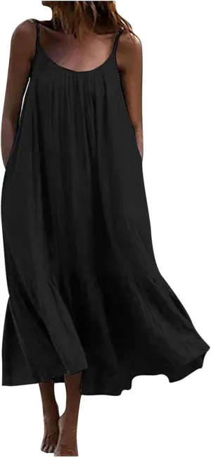 Womens Jumpsuits Dressy Summer Maxi Dress Casual Boho Sleeveless Spaghetti Strap Tiered Long Beach Sun Dresses