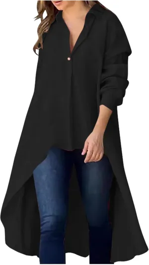 Women's Lapel Collar V Neck Shirts High Low Irregular Hem Top Button Front Shirt Long Sleeve Tshirt Loose Fit Blouses