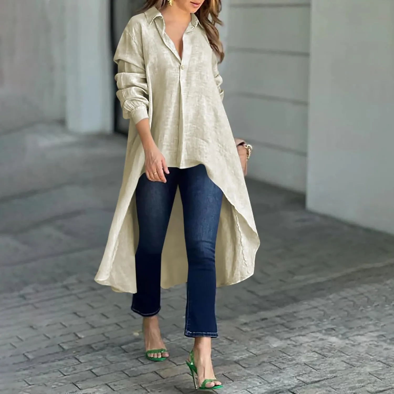 Women's Lapel Collar V Neck Shirts High Low Irregular Hem Top Button Front Shirt Long Sleeve Tshirt Loose Fit Blouses