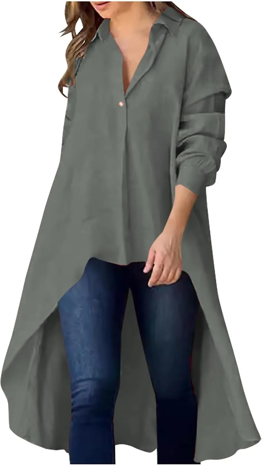 Women's Lapel Collar V Neck Shirts High Low Irregular Hem Top Button Front Shirt Long Sleeve Tshirt Loose Fit Blouses