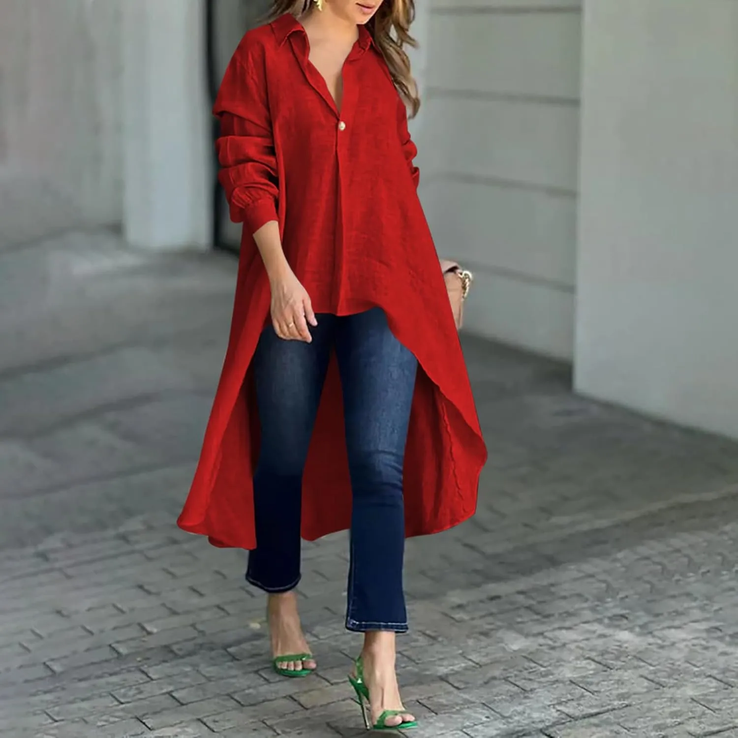 Women's Lapel Collar V Neck Shirts High Low Irregular Hem Top Button Front Shirt Long Sleeve Tshirt Loose Fit Blouses