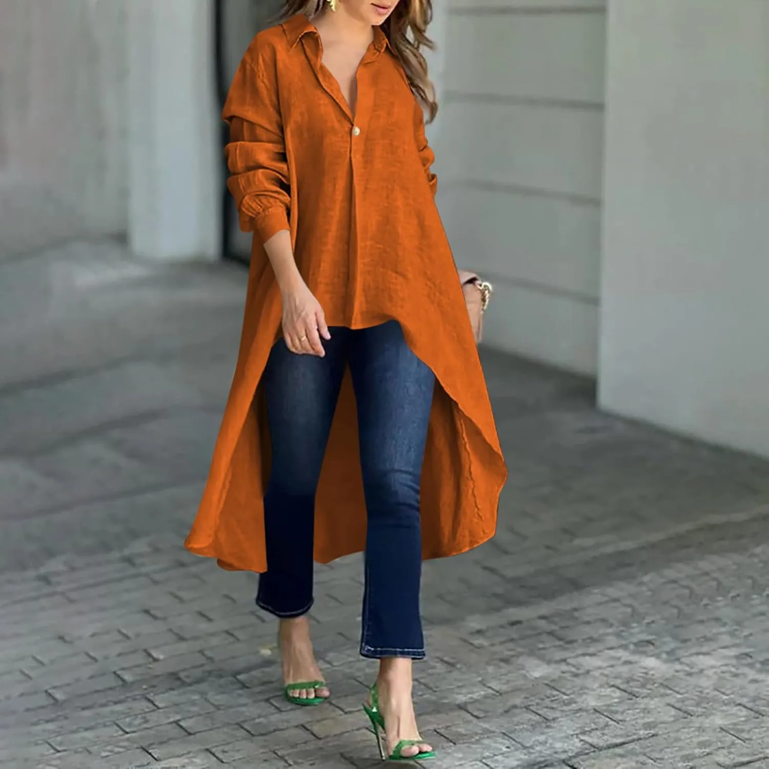 Women's Lapel Collar V Neck Shirts High Low Irregular Hem Top Button Front Shirt Long Sleeve Tshirt Loose Fit Blouses