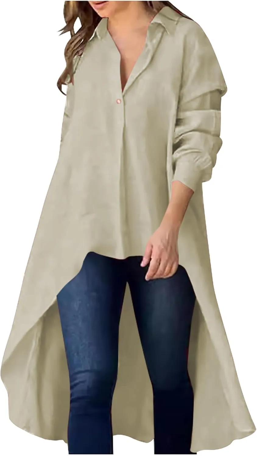 Women's Lapel Collar V Neck Shirts High Low Irregular Hem Top Button Front Shirt Long Sleeve Tshirt Loose Fit Blouses