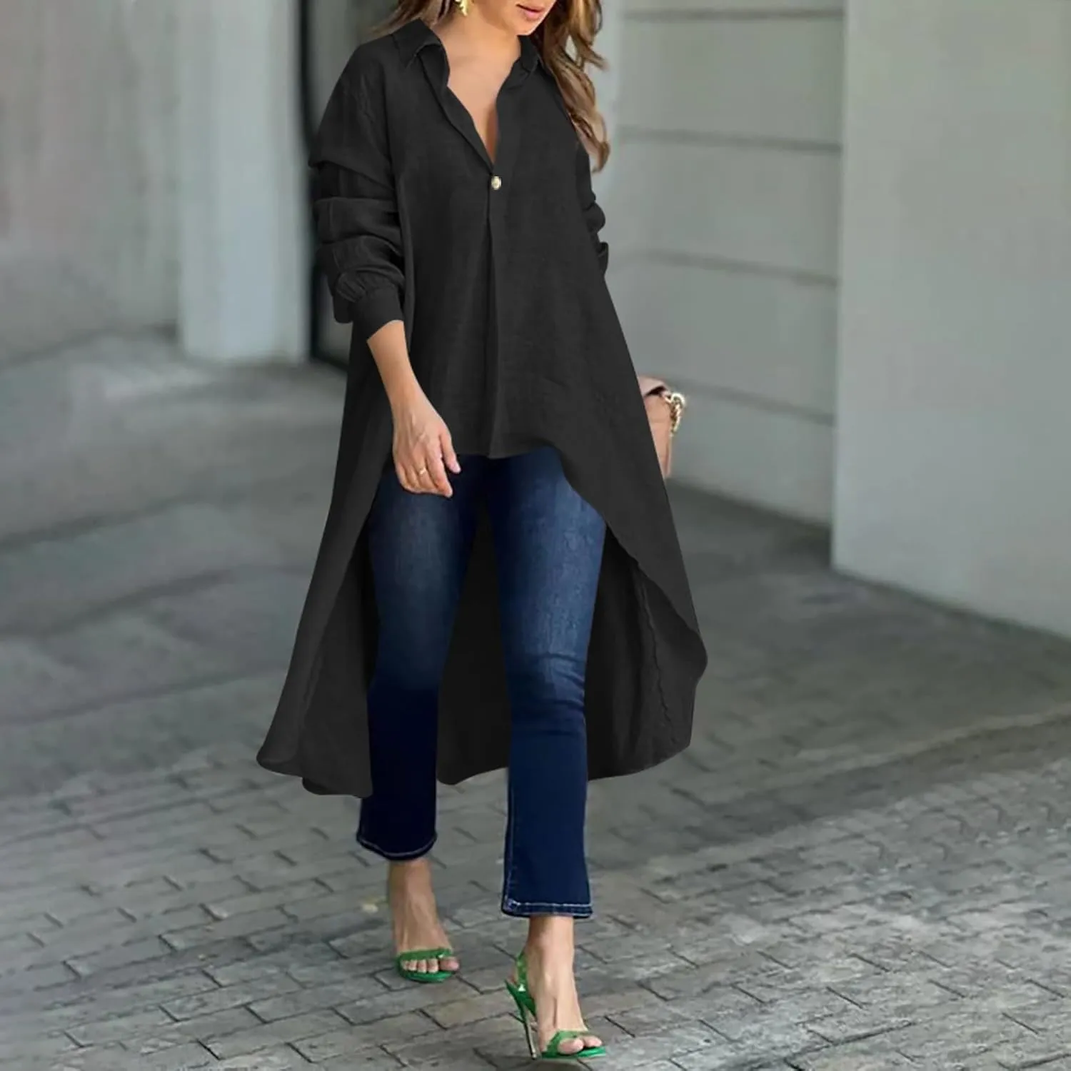 Women's Lapel Collar V Neck Shirts High Low Irregular Hem Top Button Front Shirt Long Sleeve Tshirt Loose Fit Blouses