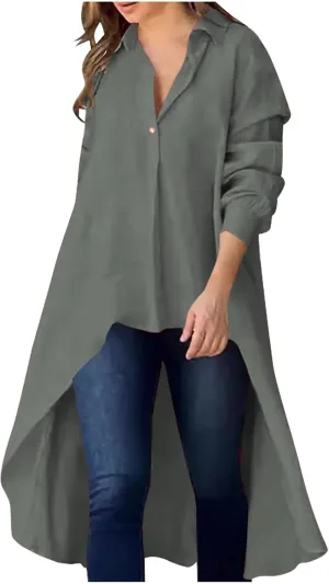 Women's Lapel Collar V Neck Shirts High Low Irregular Hem Top Button Front Shirt Long Sleeve Tshirt Loose Fit Blouses