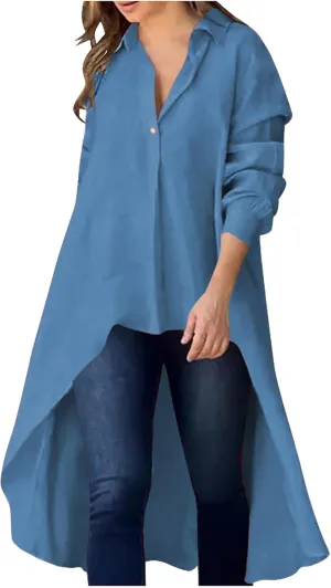Women's Lapel Collar V Neck Shirts High Low Irregular Hem Top Button Front Shirt Long Sleeve Tshirt Loose Fit Blouses
