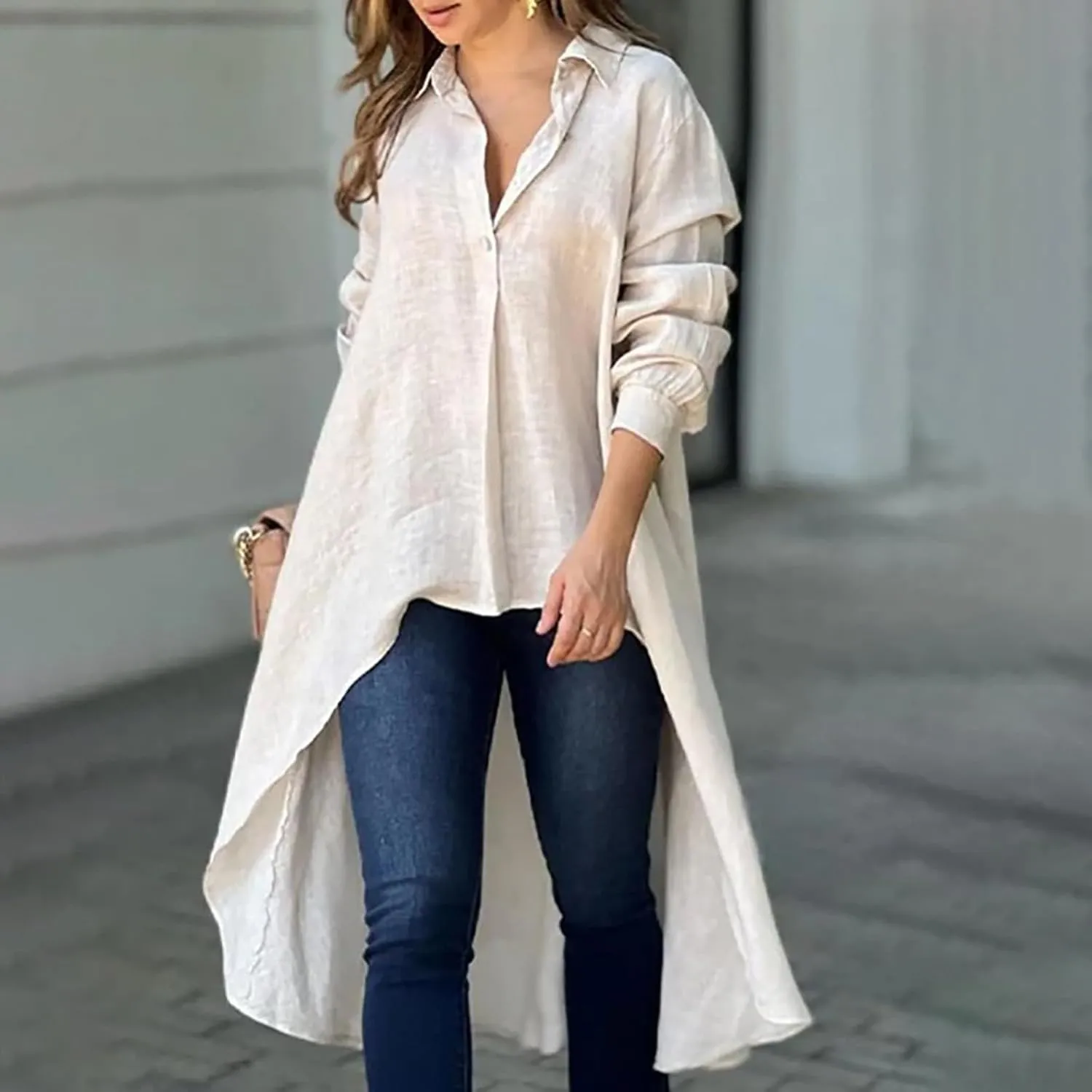 Women's Lapel Collar V Neck Shirts High Low Irregular Hem Top Button Front Shirt Long Sleeve Tshirt Loose Fit Blouses