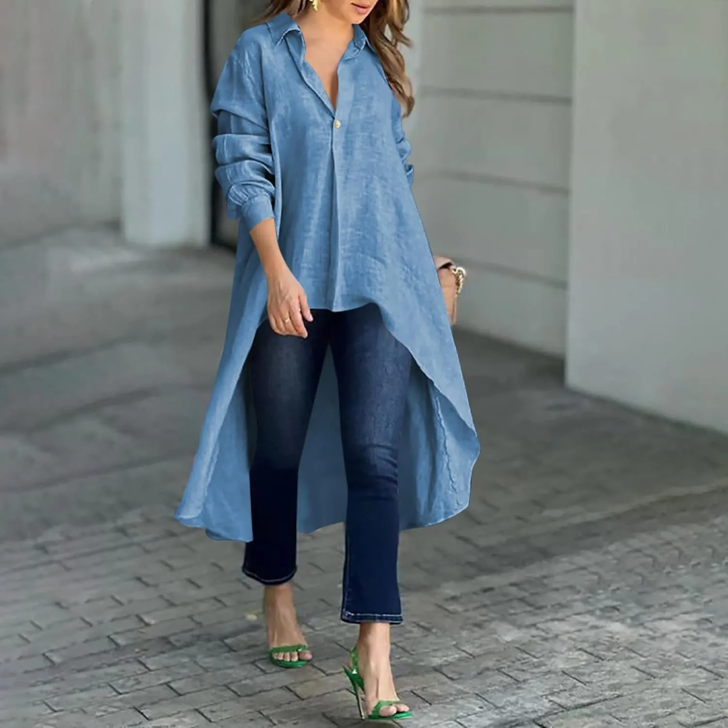 Women's Lapel Collar V Neck Shirts High Low Irregular Hem Top Button Front Shirt Long Sleeve Tshirt Loose Fit Blouses