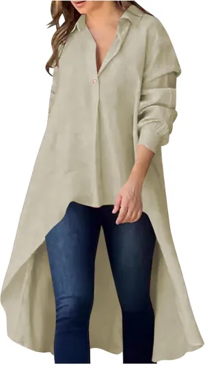 Women's Lapel Collar V Neck Shirts High Low Irregular Hem Top Button Front Shirt Long Sleeve Tshirt Loose Fit Blouses