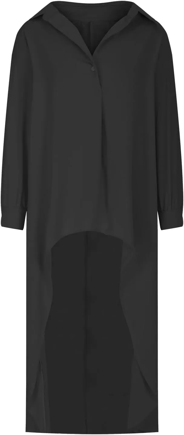 Women's Lapel Collar V Neck Shirts High Low Irregular Hem Top Button Front Shirt Long Sleeve Tshirt Loose Fit Blouses