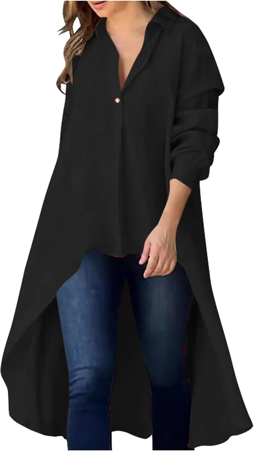 Women's Lapel Collar V Neck Shirts High Low Irregular Hem Top Button Front Shirt Long Sleeve Tshirt Loose Fit Blouses