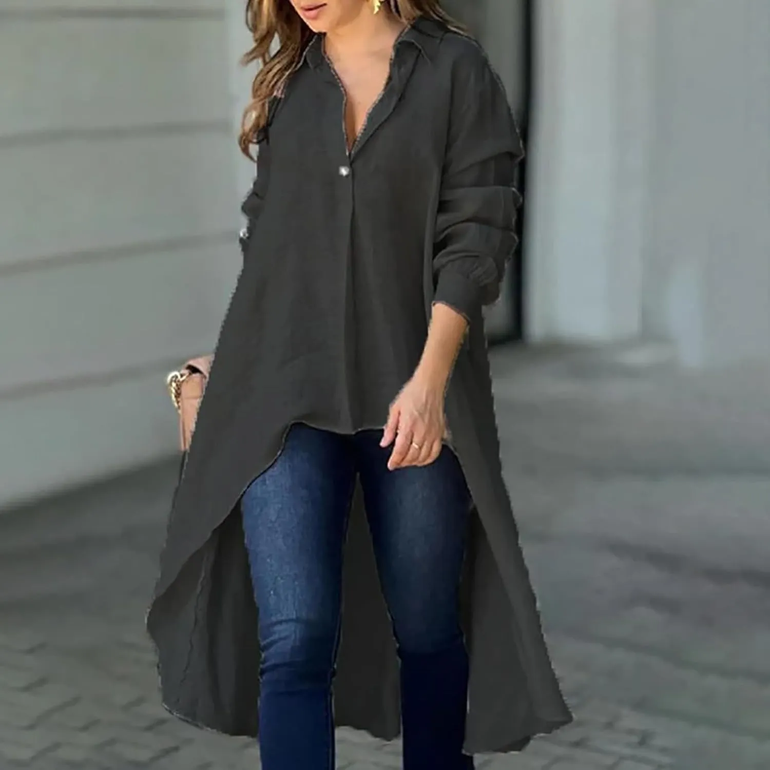 Women's Lapel Collar V Neck Shirts High Low Irregular Hem Top Button Front Shirt Long Sleeve Tshirt Loose Fit Blouses
