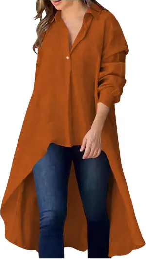 Women's Lapel Collar V Neck Shirts High Low Irregular Hem Top Button Front Shirt Long Sleeve Tshirt Loose Fit Blouses