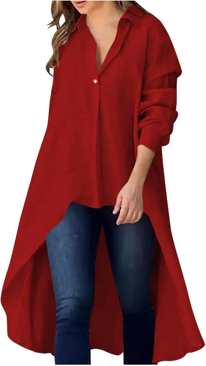 Women's Lapel Collar V Neck Shirts High Low Irregular Hem Top Button Front Shirt Long Sleeve Tshirt Loose Fit Blouses